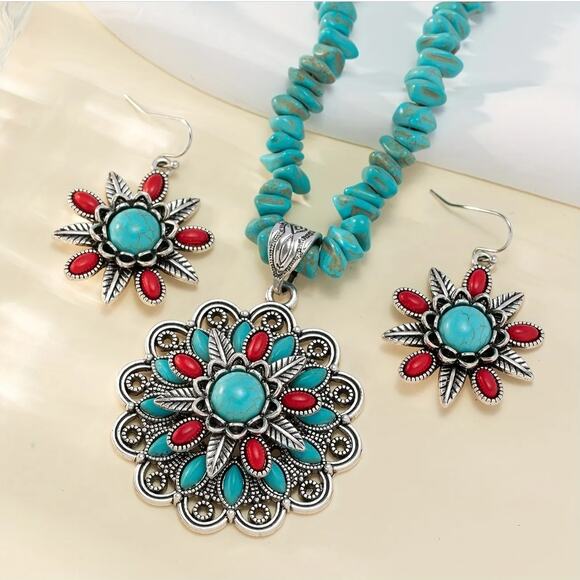 Bohemian Western Turquoise Flower Jewelry Set Silver Plated Necklace & Earrings - Picture 1 of 4